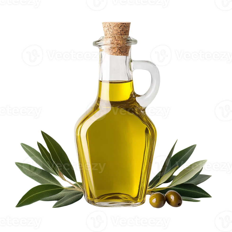 Golden olive oil in glass bottle with olives on Transparent Background png