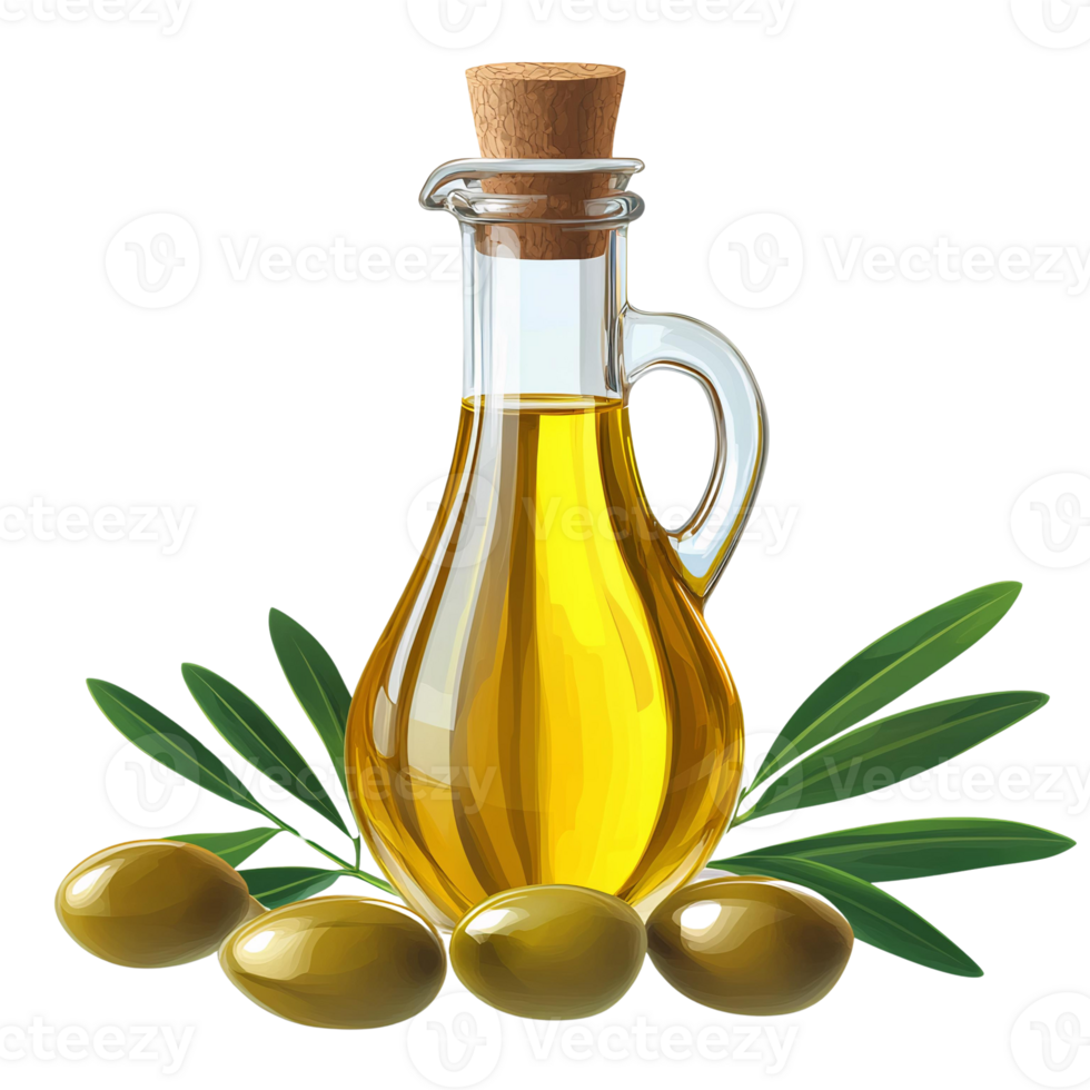 Golden olive oil in glass jug with olives on transparent background png