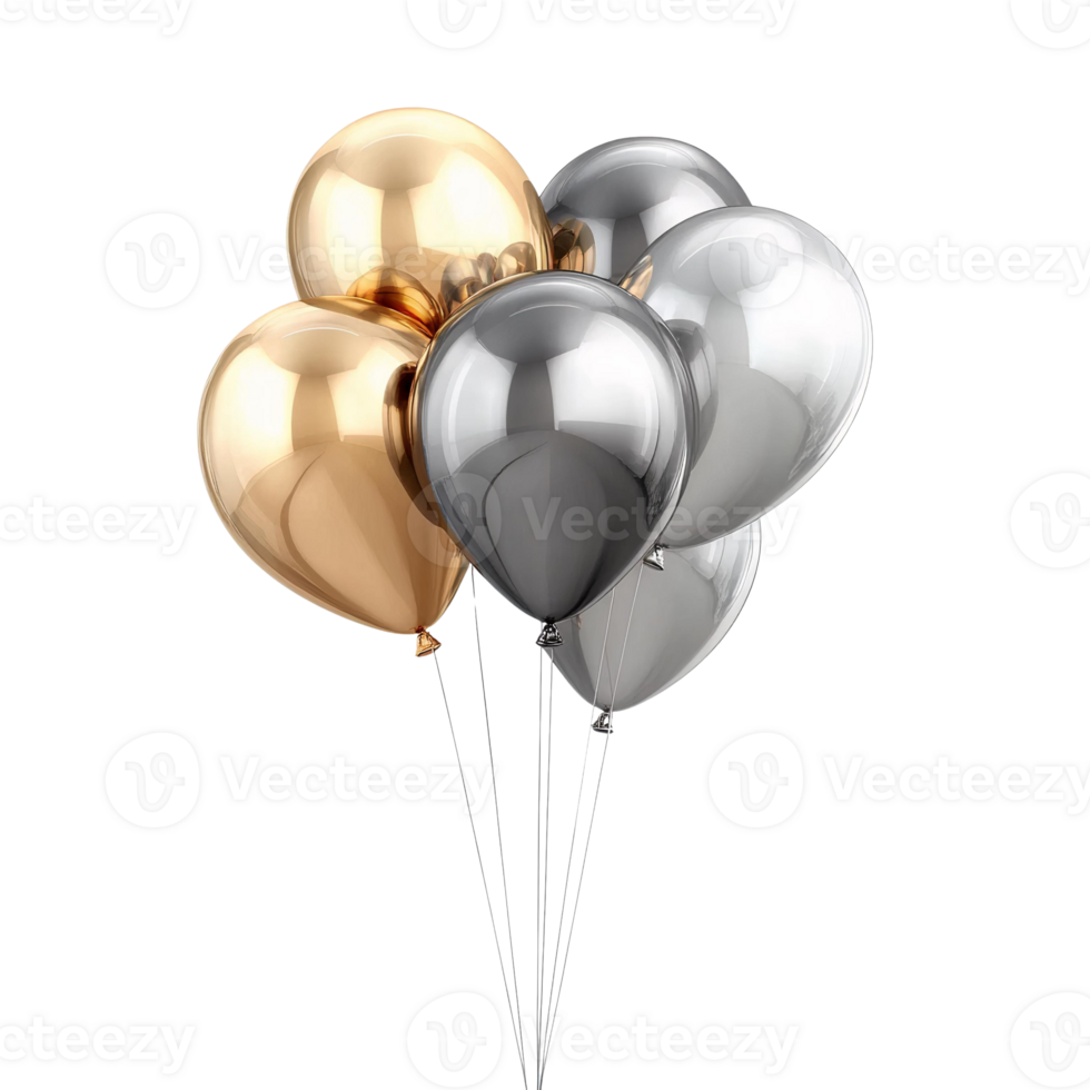 Shiny gold and silver balloons bunch on Transparent Background png
