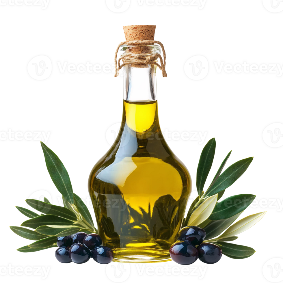 Fresh Olive Oil Bottle with Olives and Green Leaves Isolated on Transparent Background png