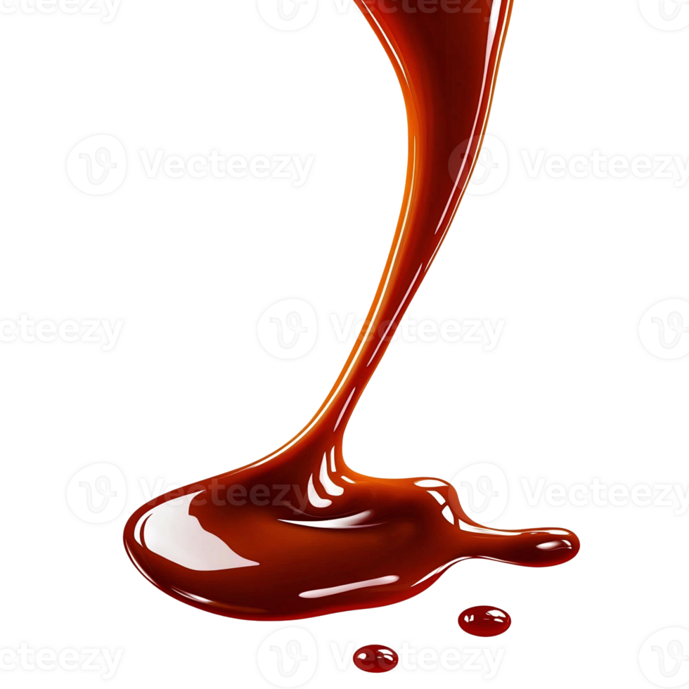 Caramel sauce pour on transparent background, glossy texture png