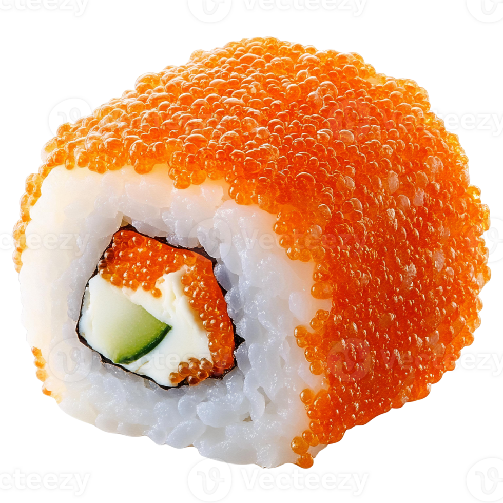 Tobiko sushi roll with cream cheese and cucumber on Transparent Background png