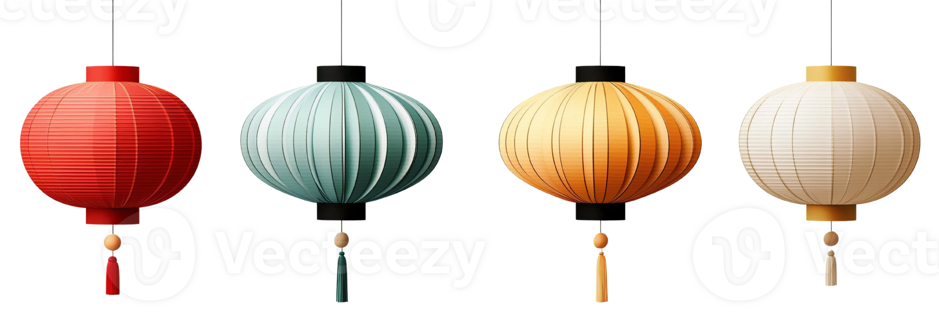 red, teal, yellow and white asian paper lanterns on Transparent Background png
