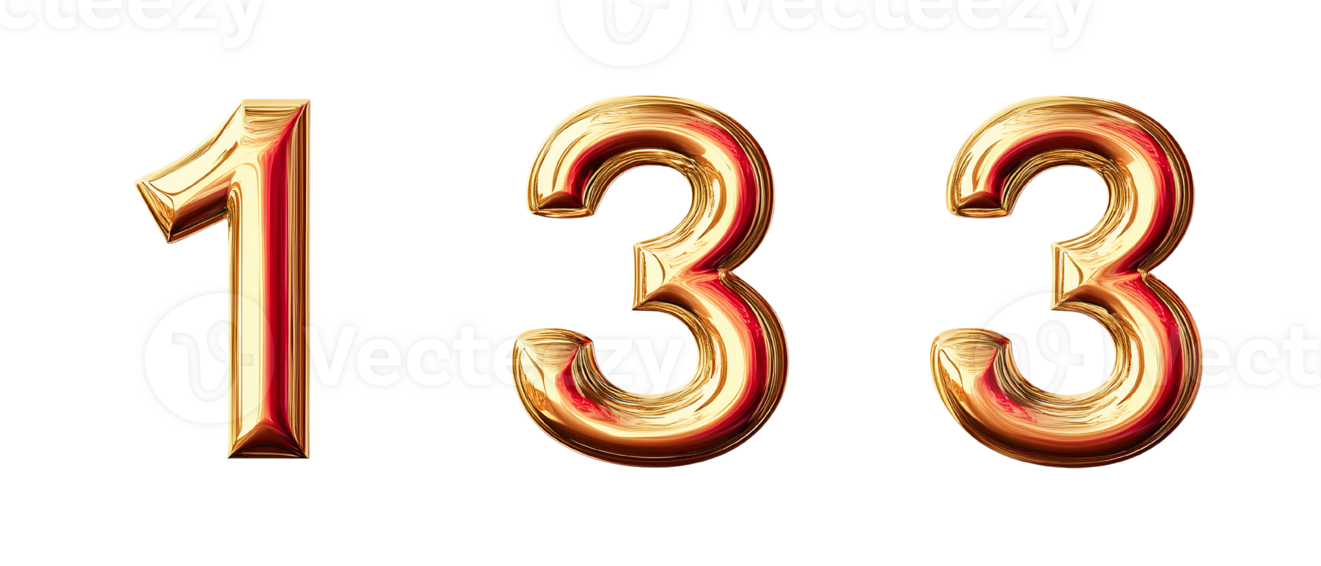 Gold number 1333 on white background 3d render png