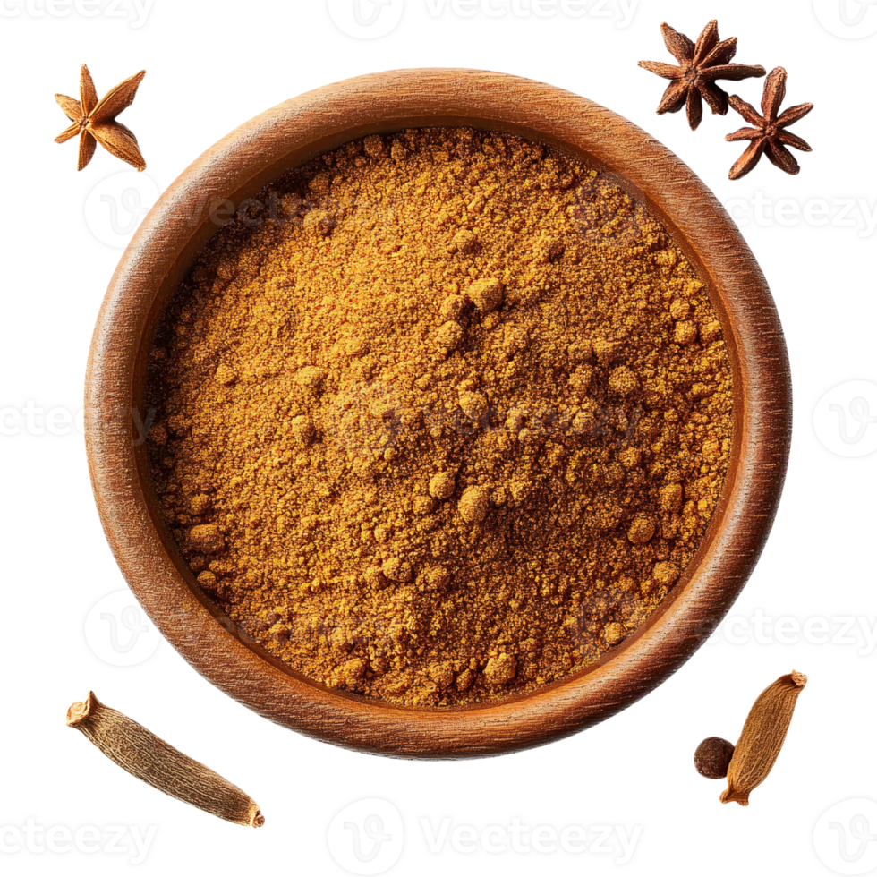 Ground cinnamon powder in wooden bowl with spices on Transparent Background png