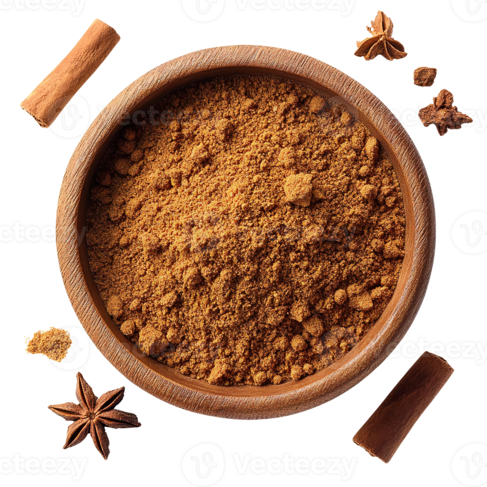 Ground cinnamon in wooden bowl with star anise and cinnamon sticks on Transparent Background png
