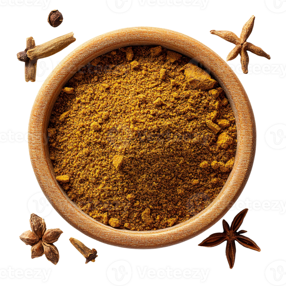 Ground spice blend in wooden bowl with star anise and cloves on Transparent Background png