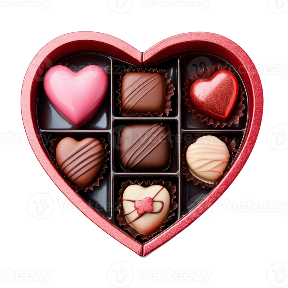 Assorted heart-shaped chocolates in red box on Transparent Background png