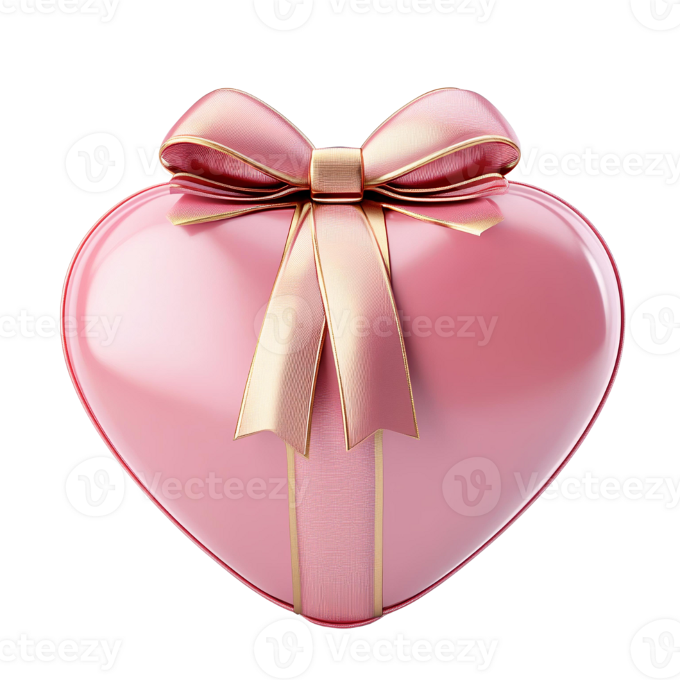 Pink heart-shaped gift box with golden bow isolated on Transparent Background png