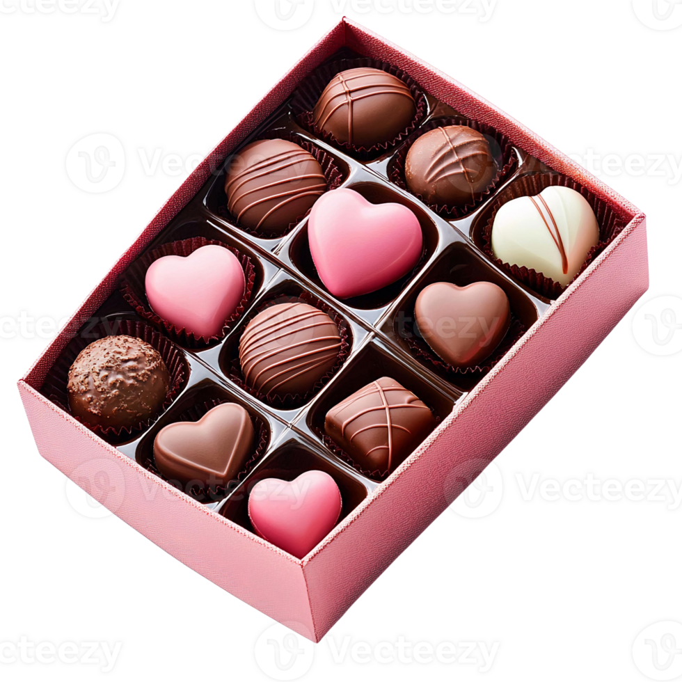 Pink box of assorted chocolate candies, heart-shaped chocolates, isolated on Transparent Background png