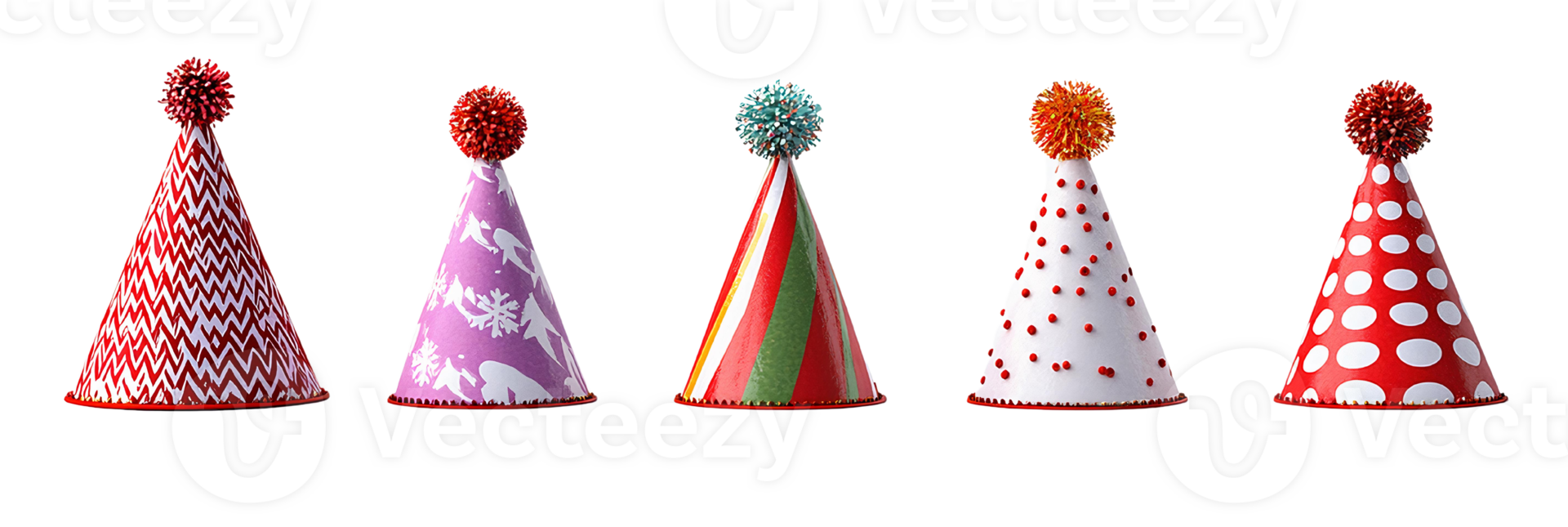 Party hats collection with pompoms on Transparent Background png