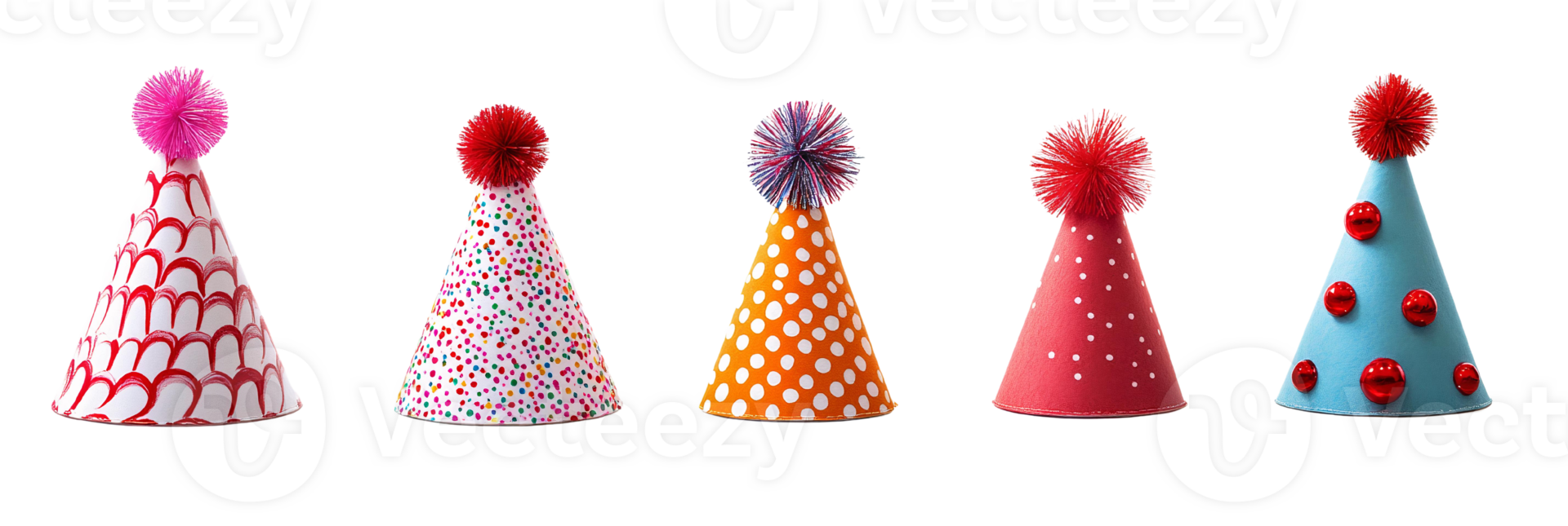 Colorful party hats with pompoms on transparent background png