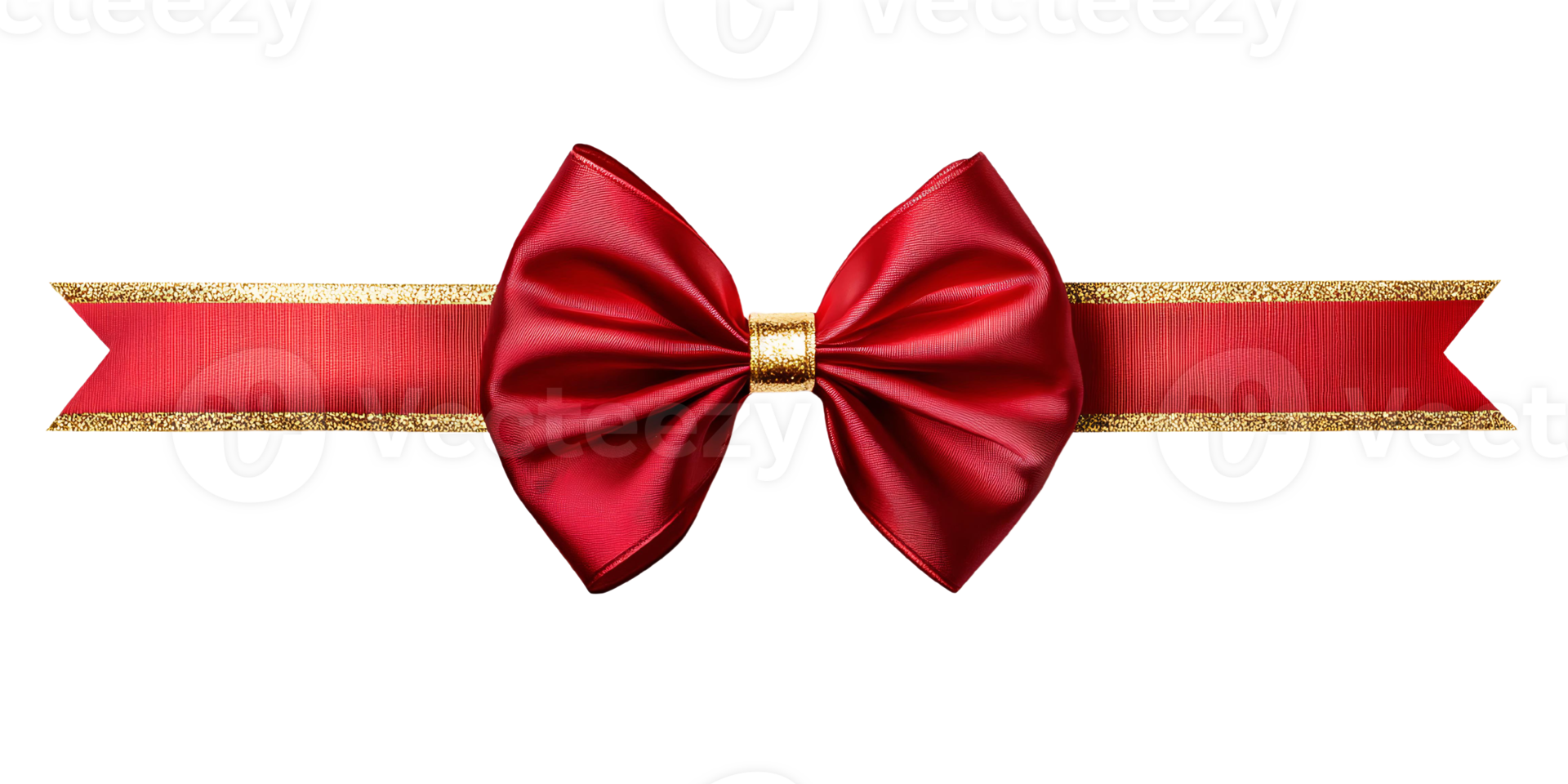 Red satin bow with gold ribbon on transparent background png