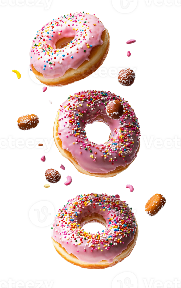 Pink glazed donuts with sprinkles on transparent background png