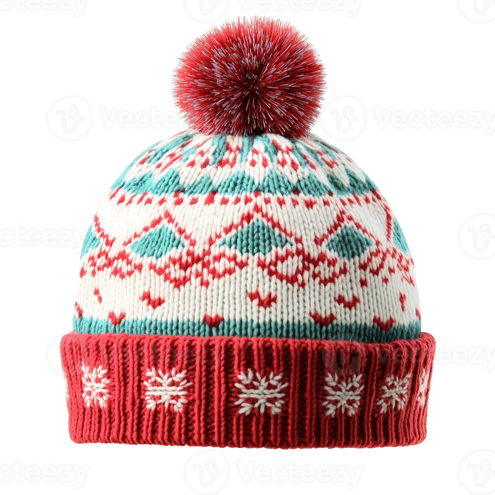 Red knit winter hat with pom pom on transparent background png