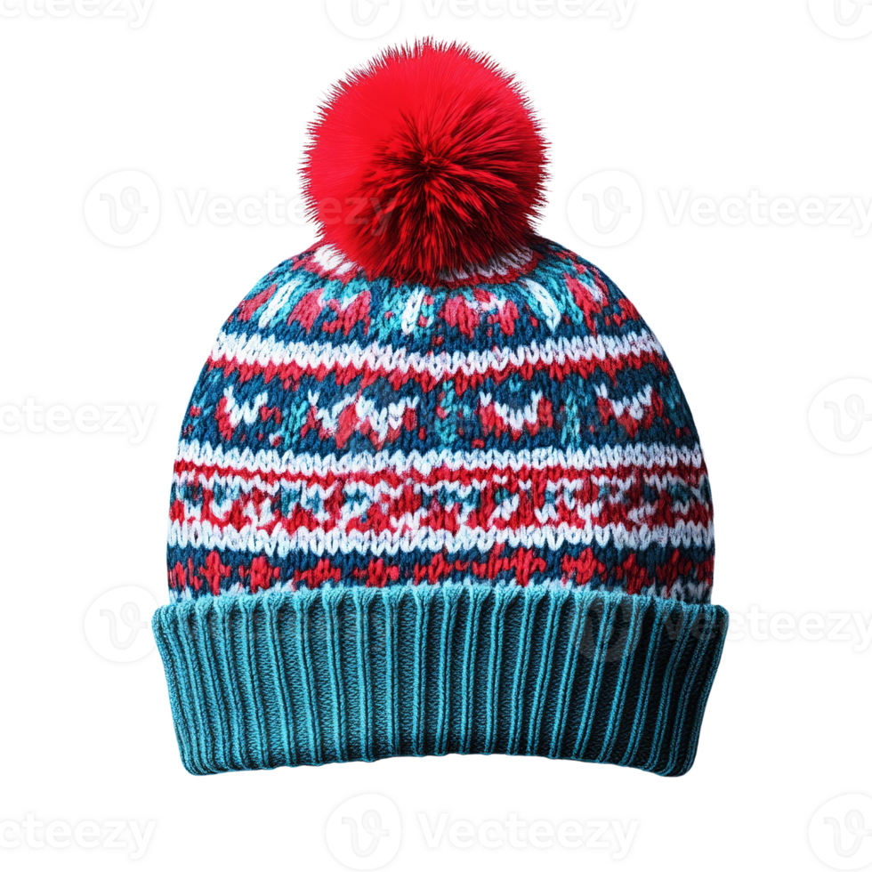 Red pompom knit beanie hat winter fairisle pattern isolated on Transparent Background png
