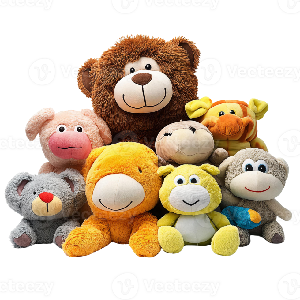 Cute Group of Plush Stuffed Animals Isolated on Transparent Background png