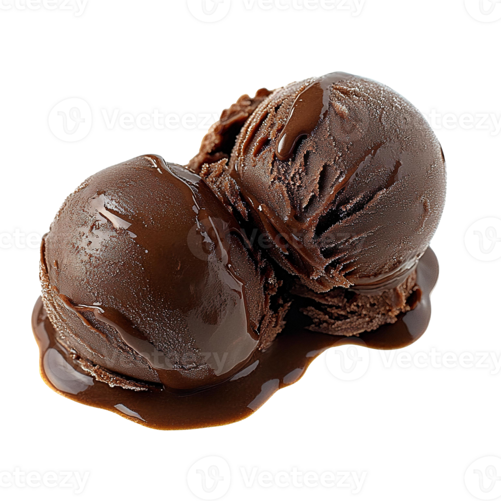 Chocolate ice cream scoops with melted chocolate drizzle on transparent background png