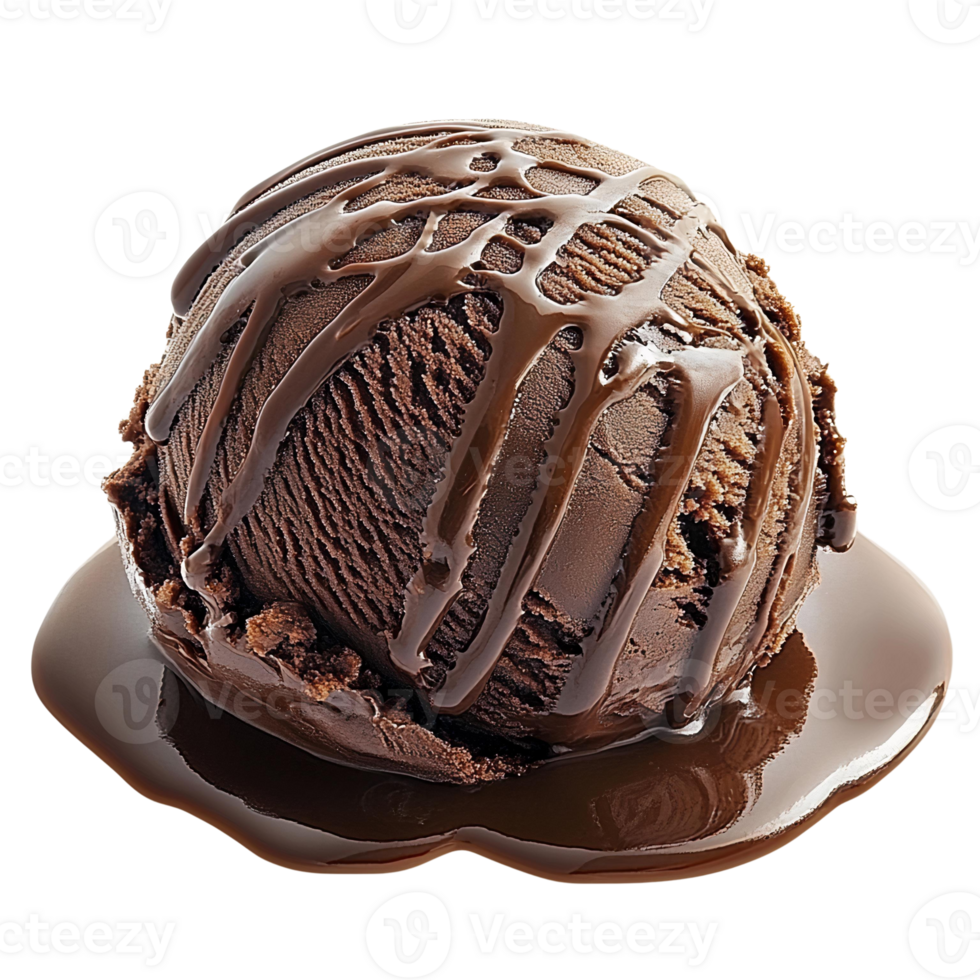 Chocolate ice cream scoop with drizzle on transparent background png