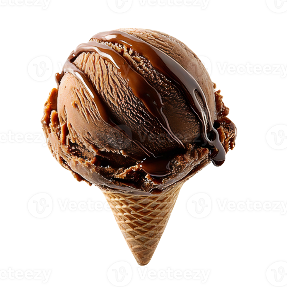 Chocolate ice cream scoop with drizzle on cone on transparent background png