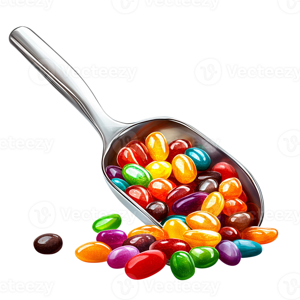 Colorful jelly beans in metal scoop on transparent background png