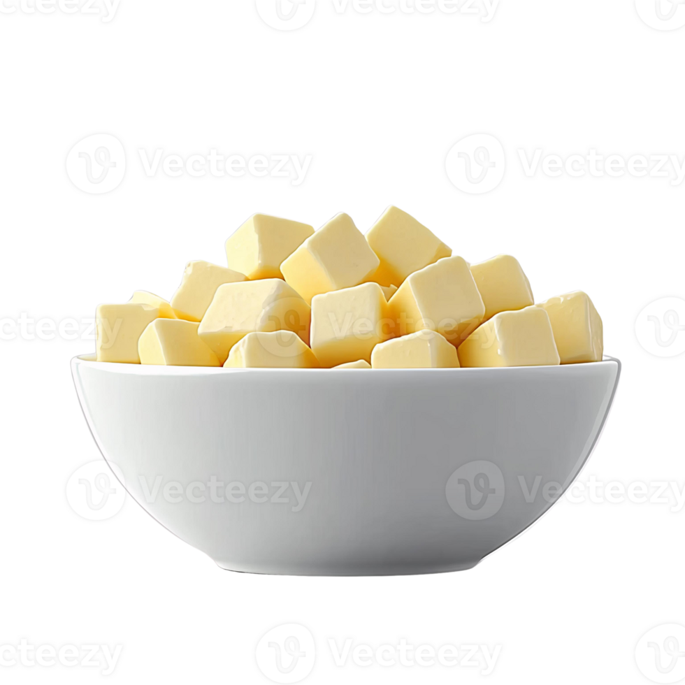 Chilled Cubed Butter in White Bowl on Transparent Background png