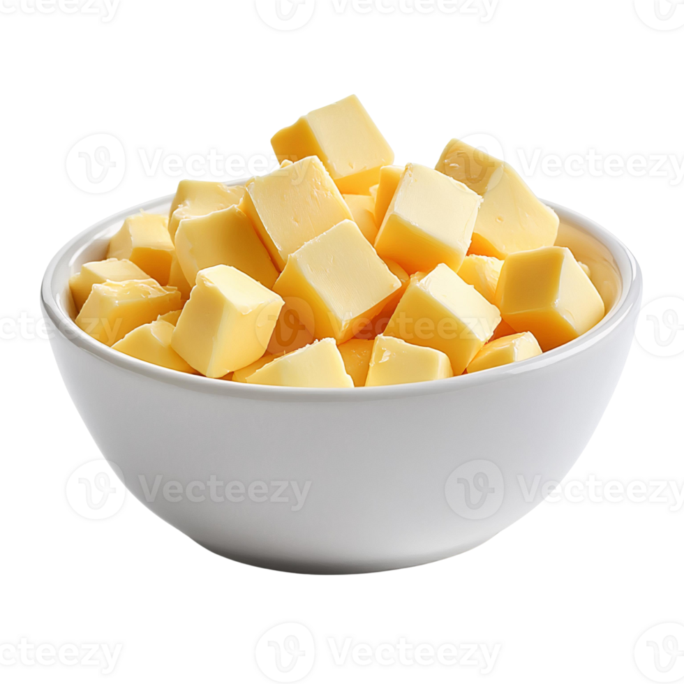Cubed butter in white bowl, isolated on transparent background png