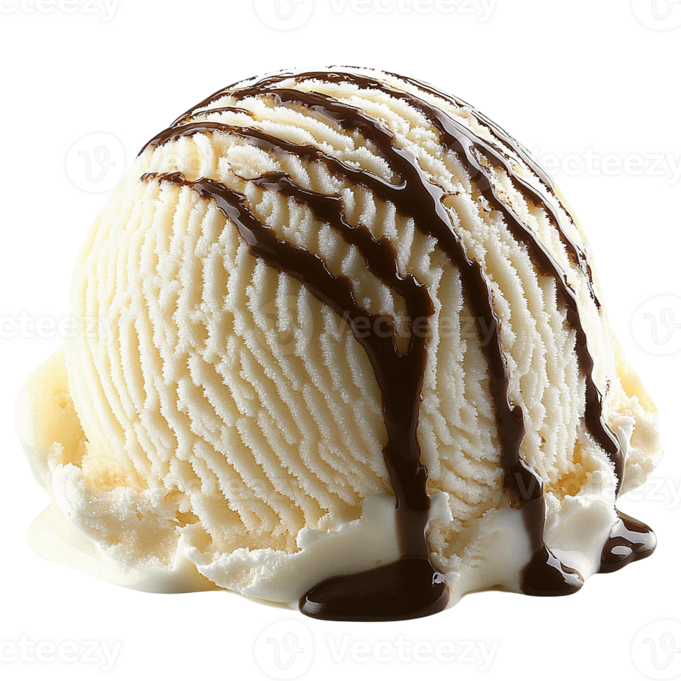 Vanilla ice cream scoop with chocolate sauce on transparent background png