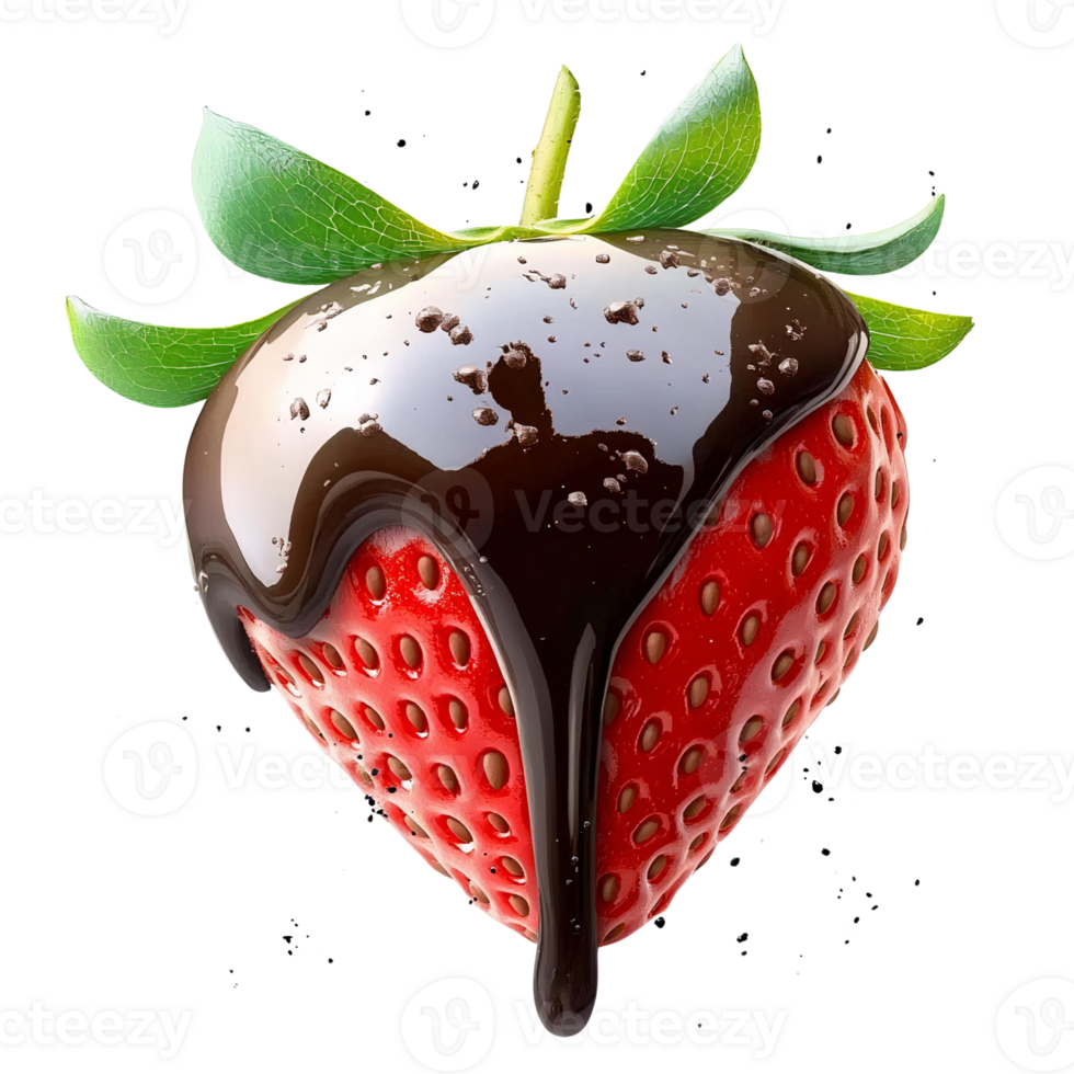 Chocolate covered strawberry with dripping glaze on transparent background png