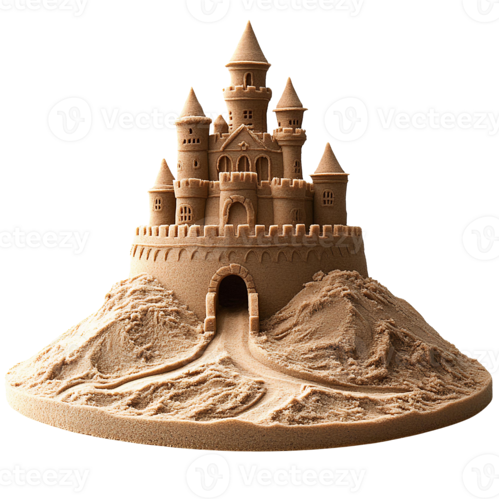 Sandcastle, detailed intricate design Rustic Wooden Cutting Board with Oyster Mushrooms Isolated on Transparent Background png