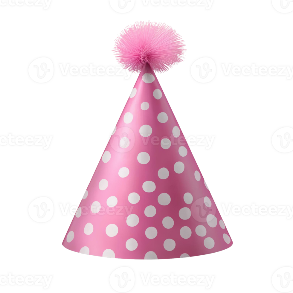 Pink party hat with white polka dots and pompom on transparent background png