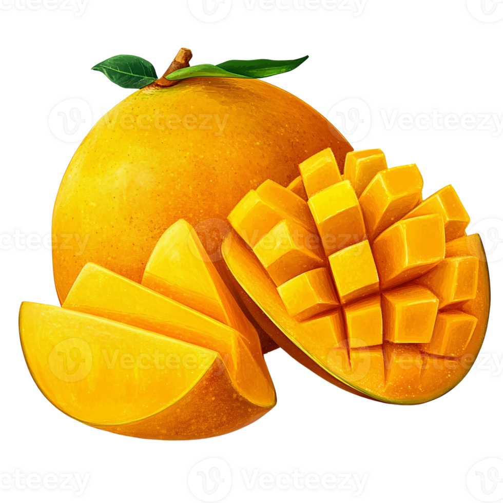 Juicy mango fruit slices Oyster mushrooms cluster on transparent background digital painting png