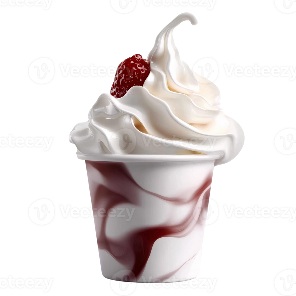 Whipped cream dessert in swirled cup with strawberry png