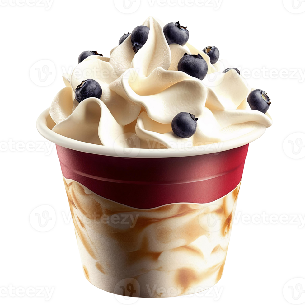 Vanilla frozen yogurt with blueberries in cup on transparent background png