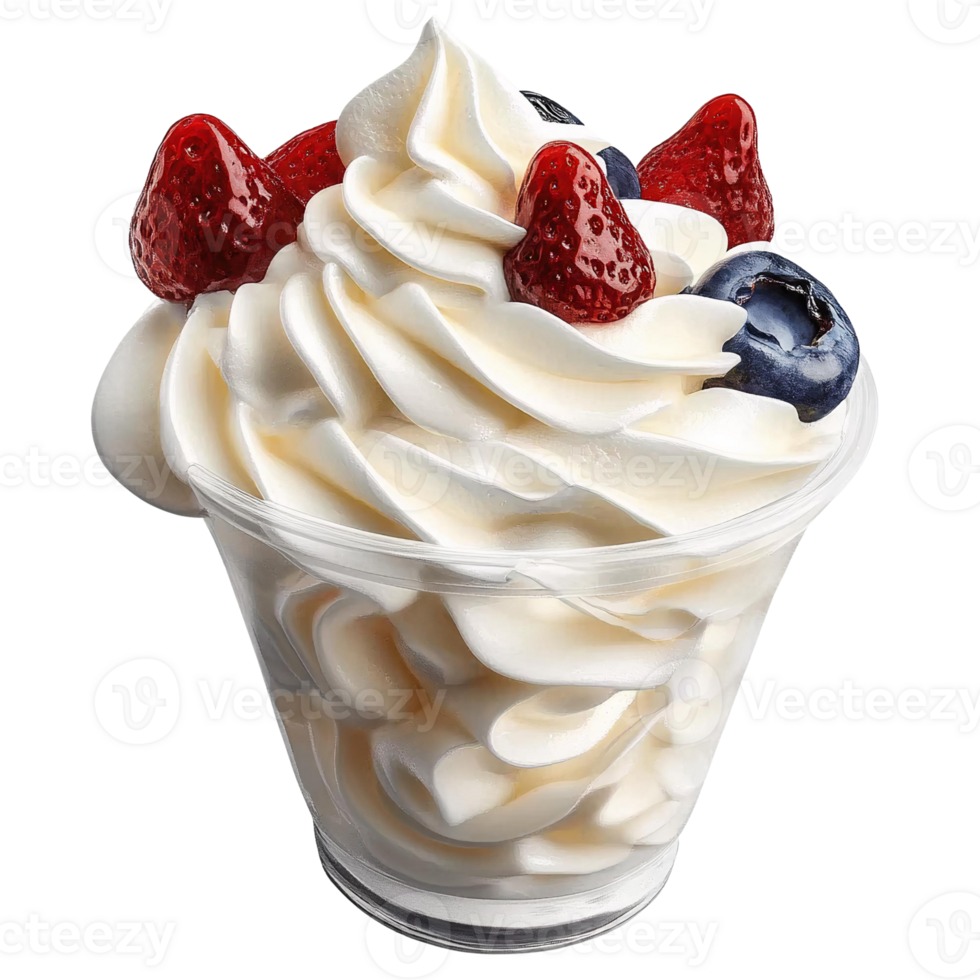 Creamy frozen yogurt with strawberries and blueberries in a plastic cup on transparent background png