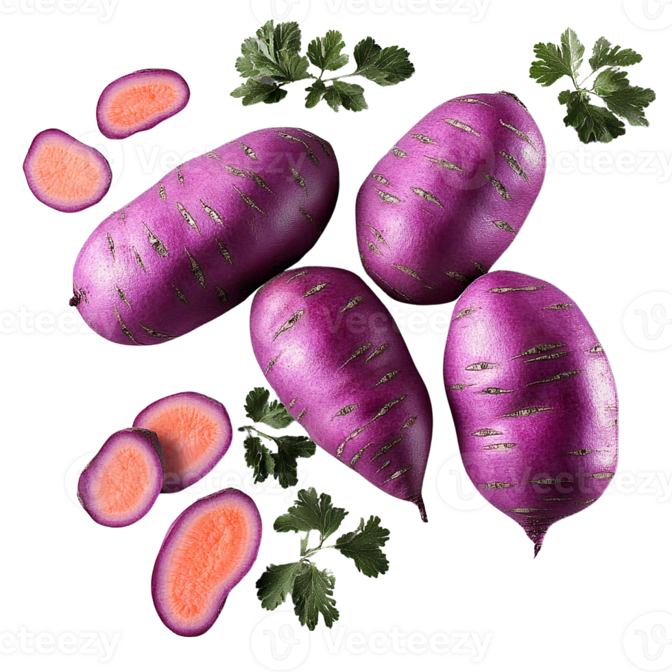 Purple sweet potatoes with orange flesh and parsley Oyster mushrooms cluster on transparent background png