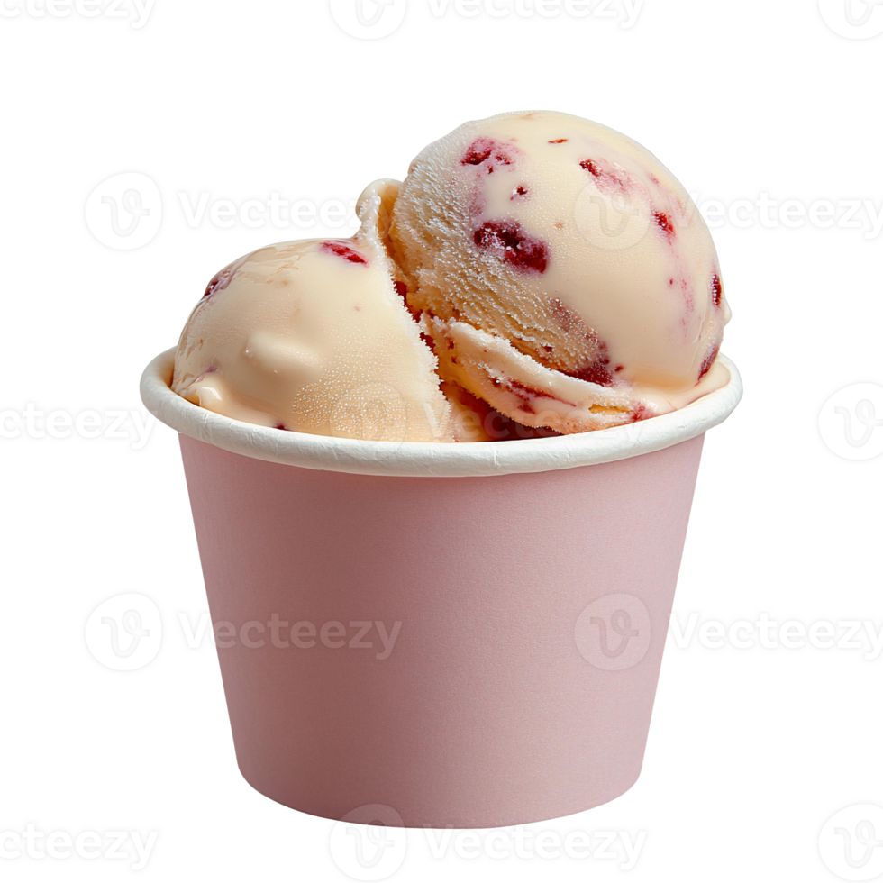 Raspberry swirl ice cream in pink cup on transparent background png