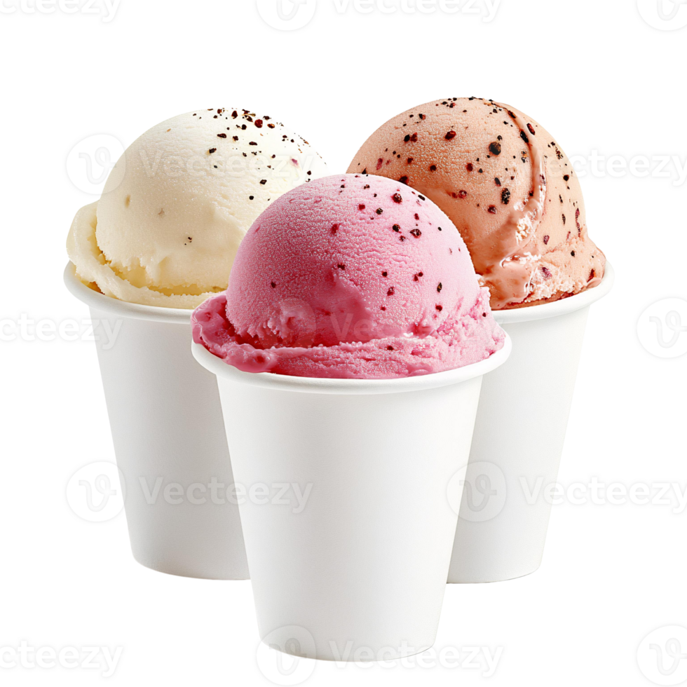 Delicious pink, vanilla, and peach ice cream scoops in paper cups on transparent background png