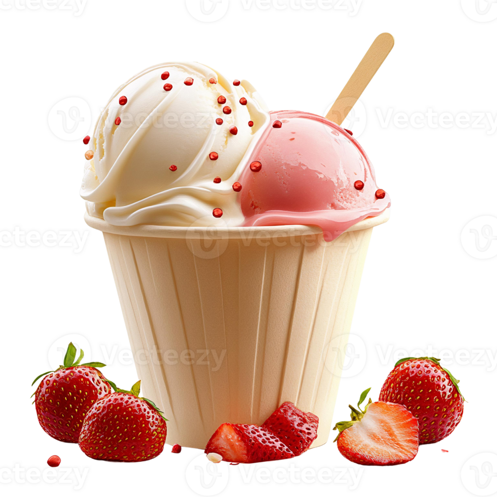 Vanilla and strawberry ice cream in cup with strawberries png