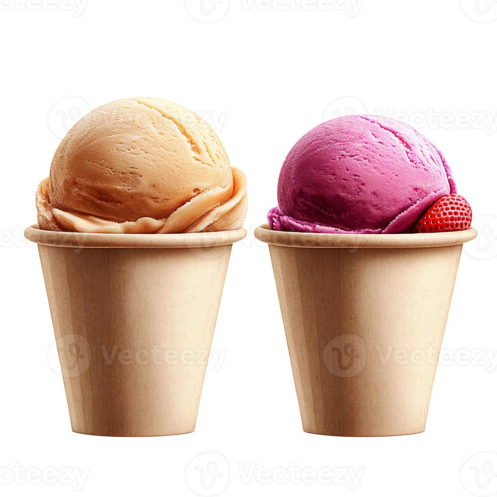 Two scoops of ice cream in paper cups on transparent background png
