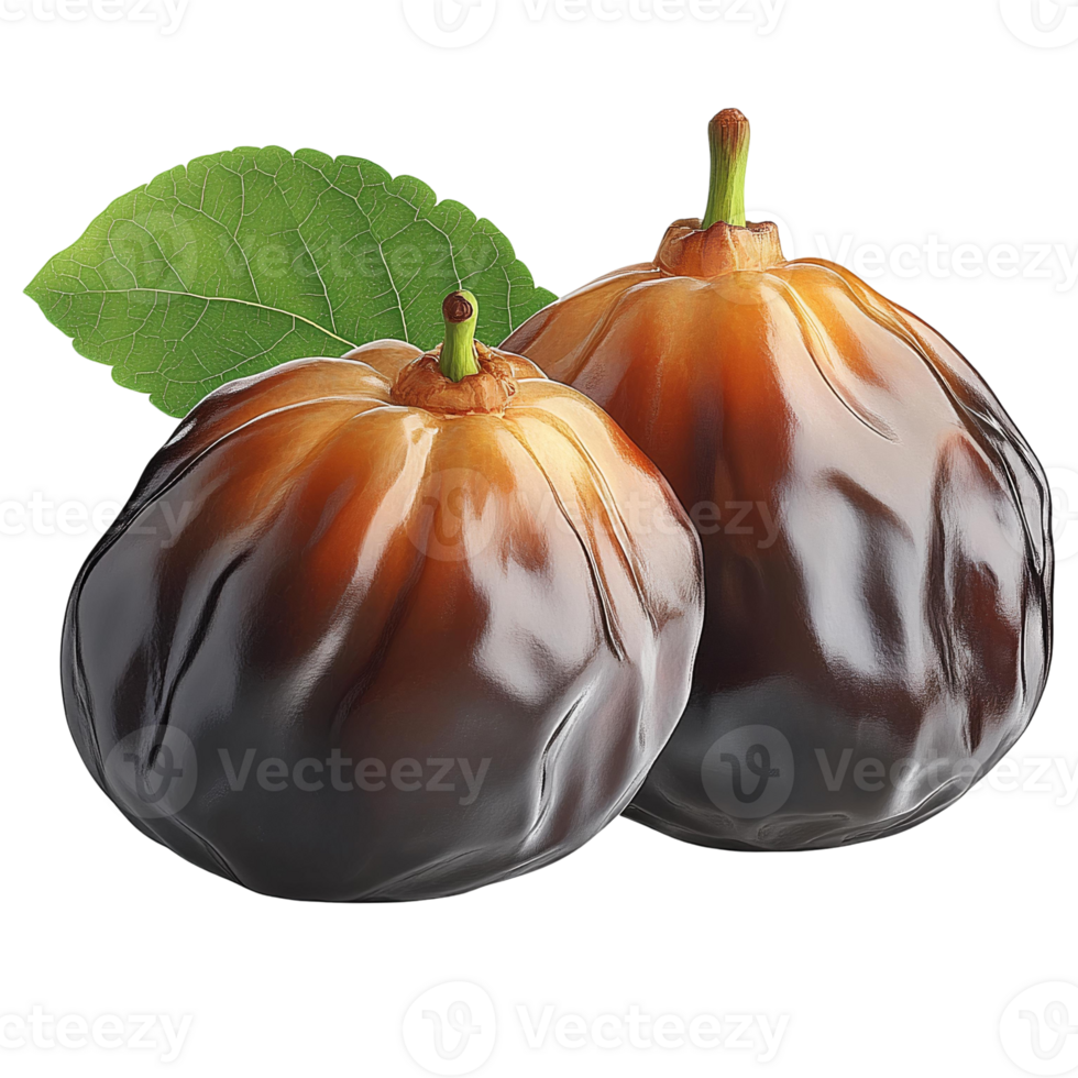 Glossy brown figs with green leaf on transparent background png