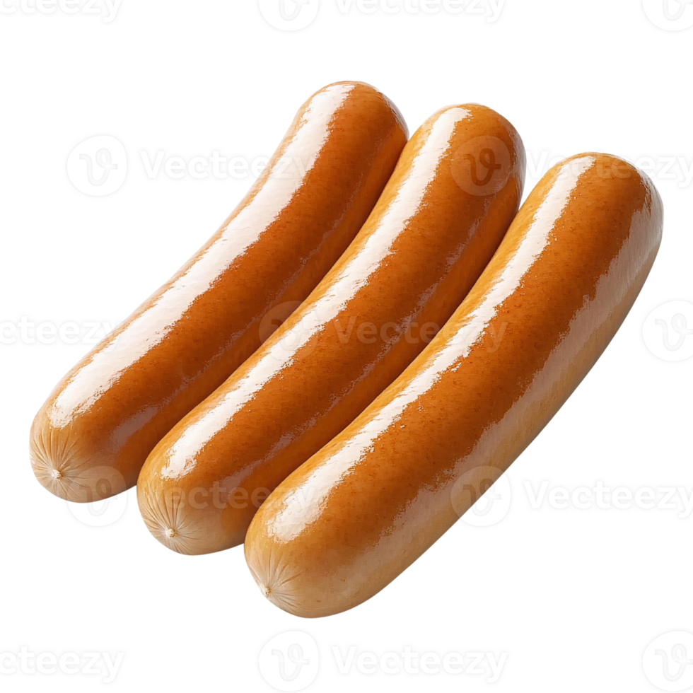 Three shiny brown sausages on transparent background png