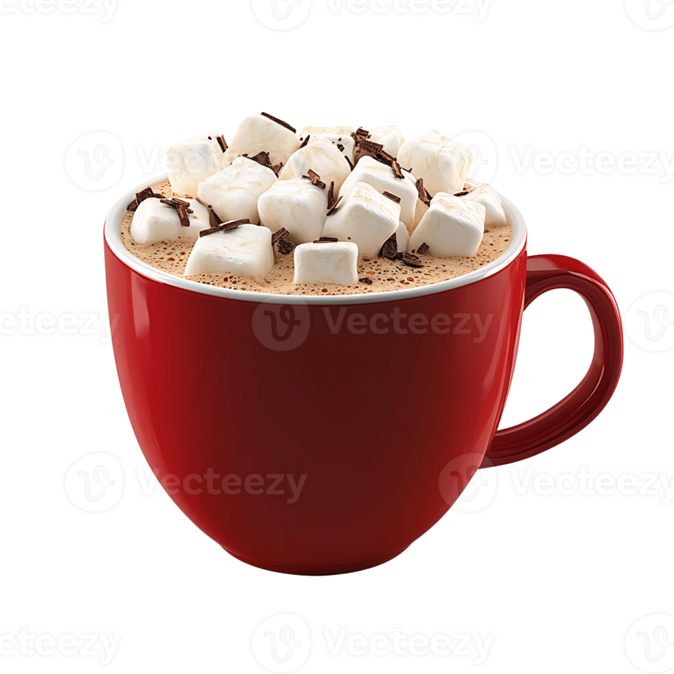 Red mug of hot chocolate with marshmallows and chocolate shavings on transparent background png