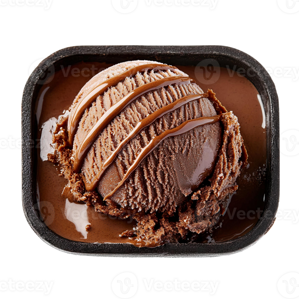 Chocolate ice cream scoop with chocolate sauce in black bowl png