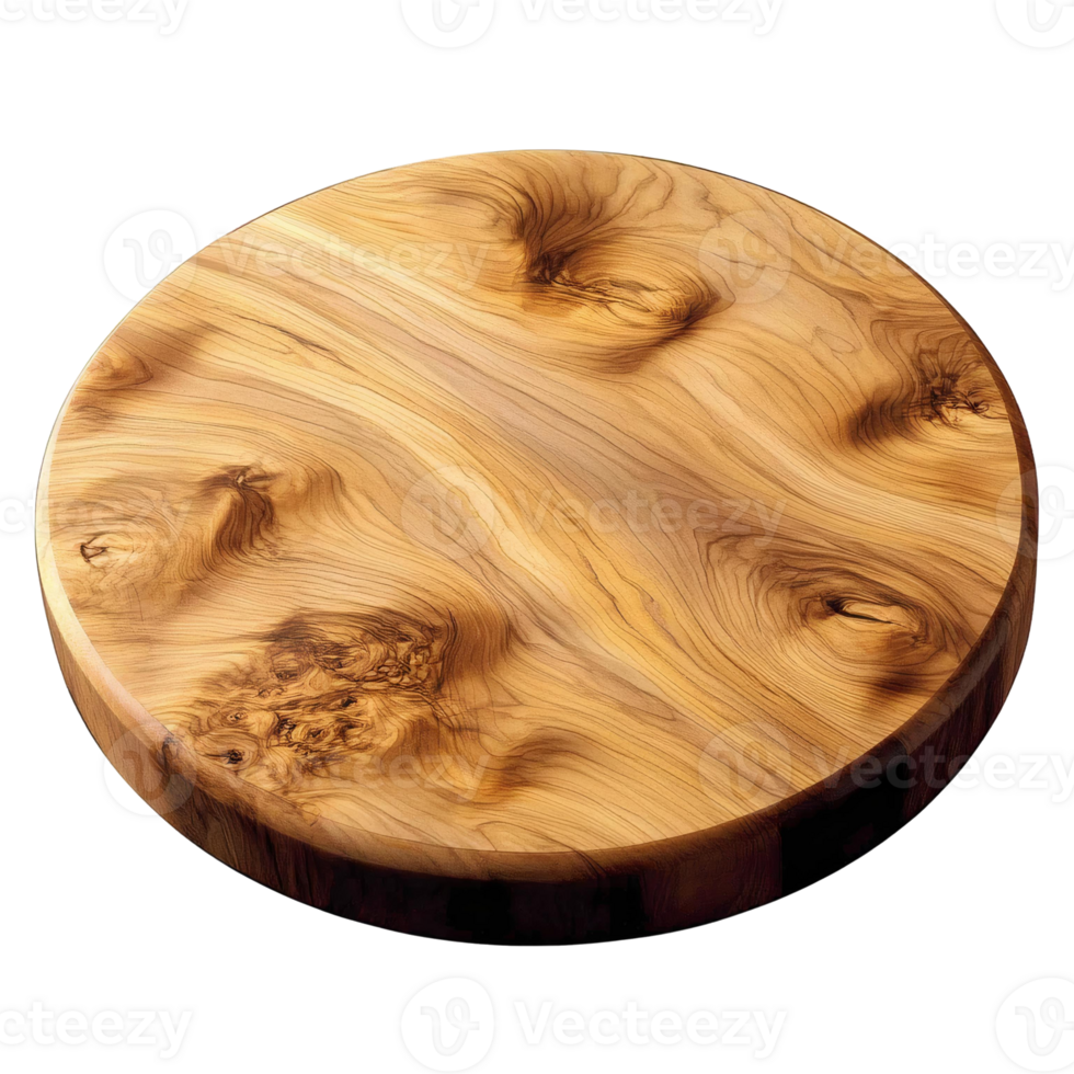 Round wooden cutting board with unique grain pattern on transparent background png