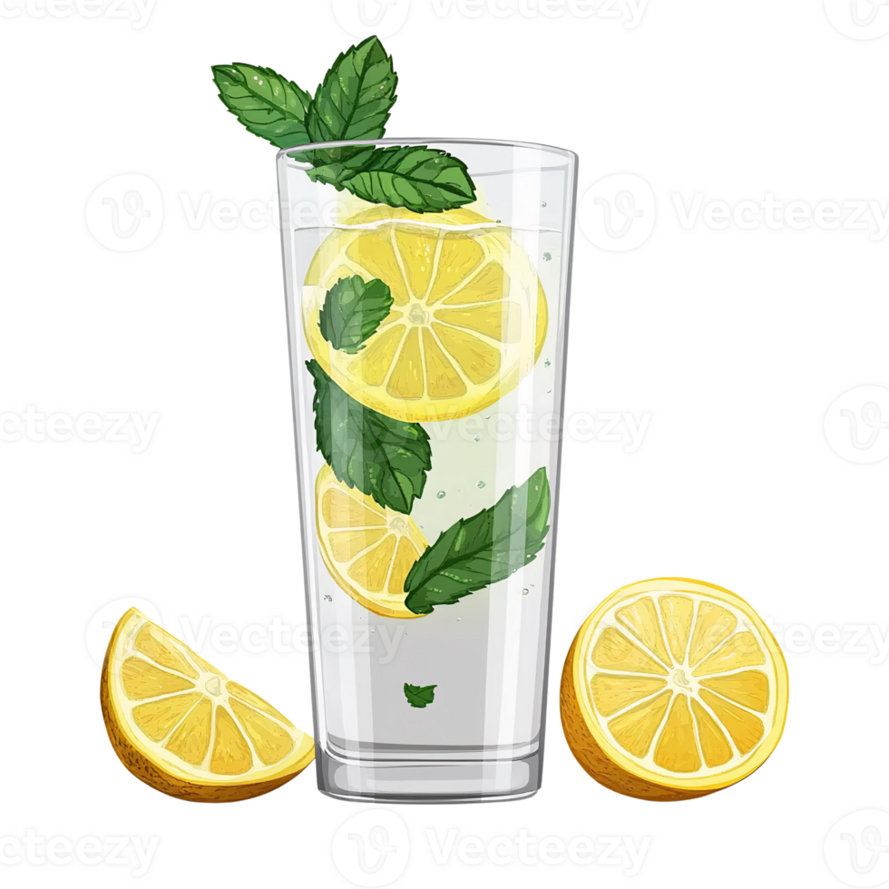 Refreshing lemon mint drink in glass, isolated on transparent background png