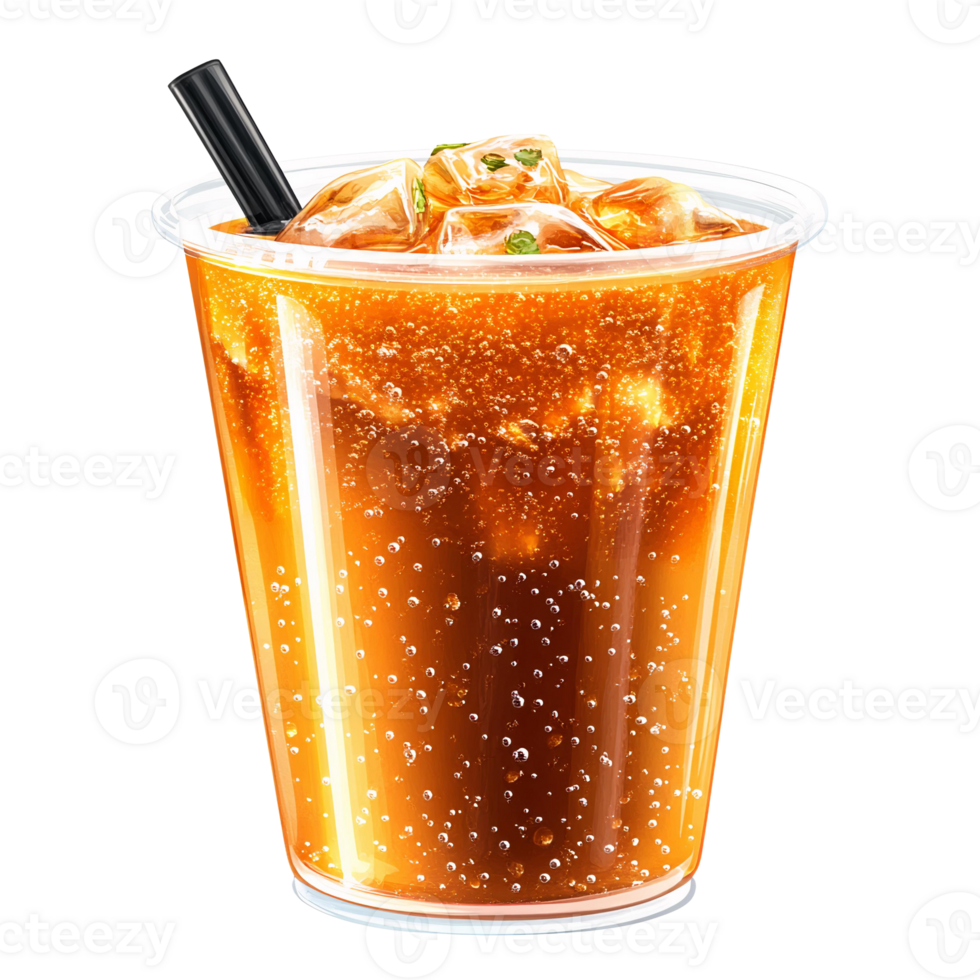 Iced sparkling tea in plastic cup with straw on almon sushi nigiri on transparent background png