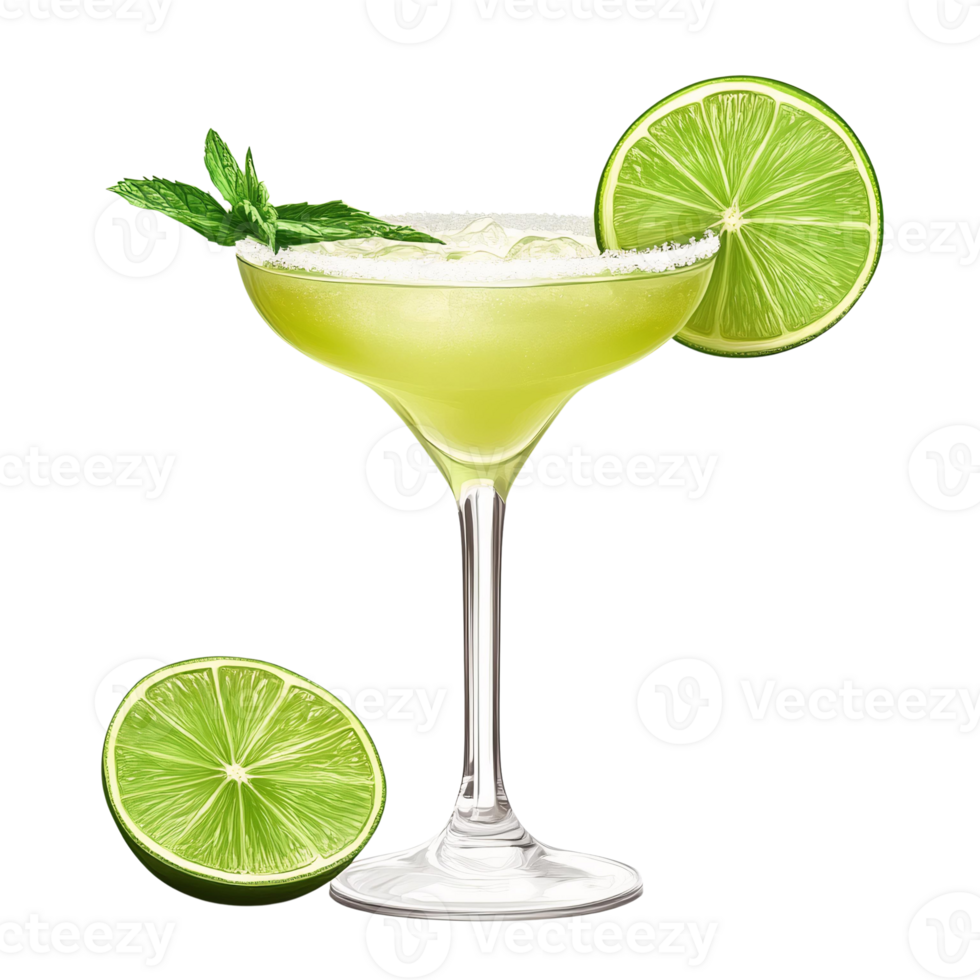 Lime margarita cocktail in glass with mint garnish on transparent background png