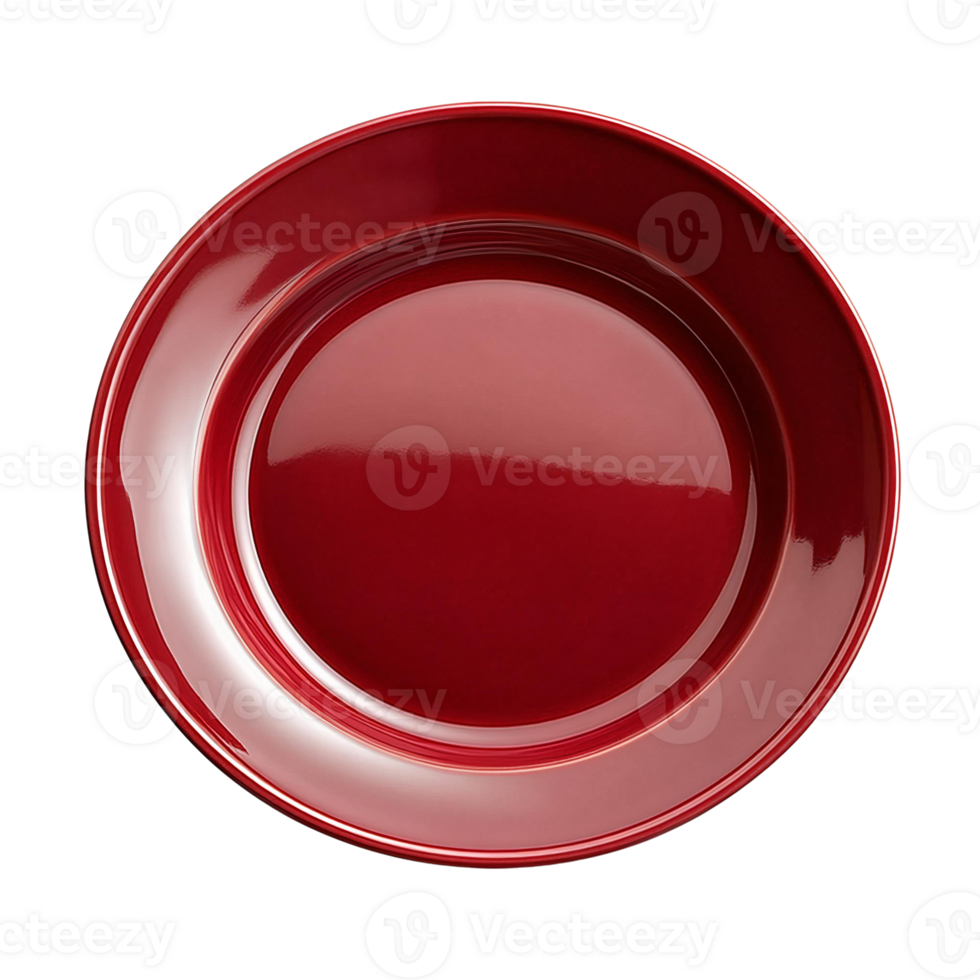 Red ceramic plate, round dinnerware, shiny surface, isolated on transparent background png