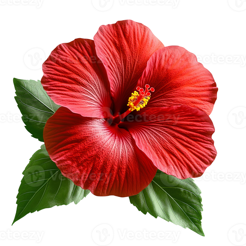 Red hibiscus flower with green leaves on transparent background png